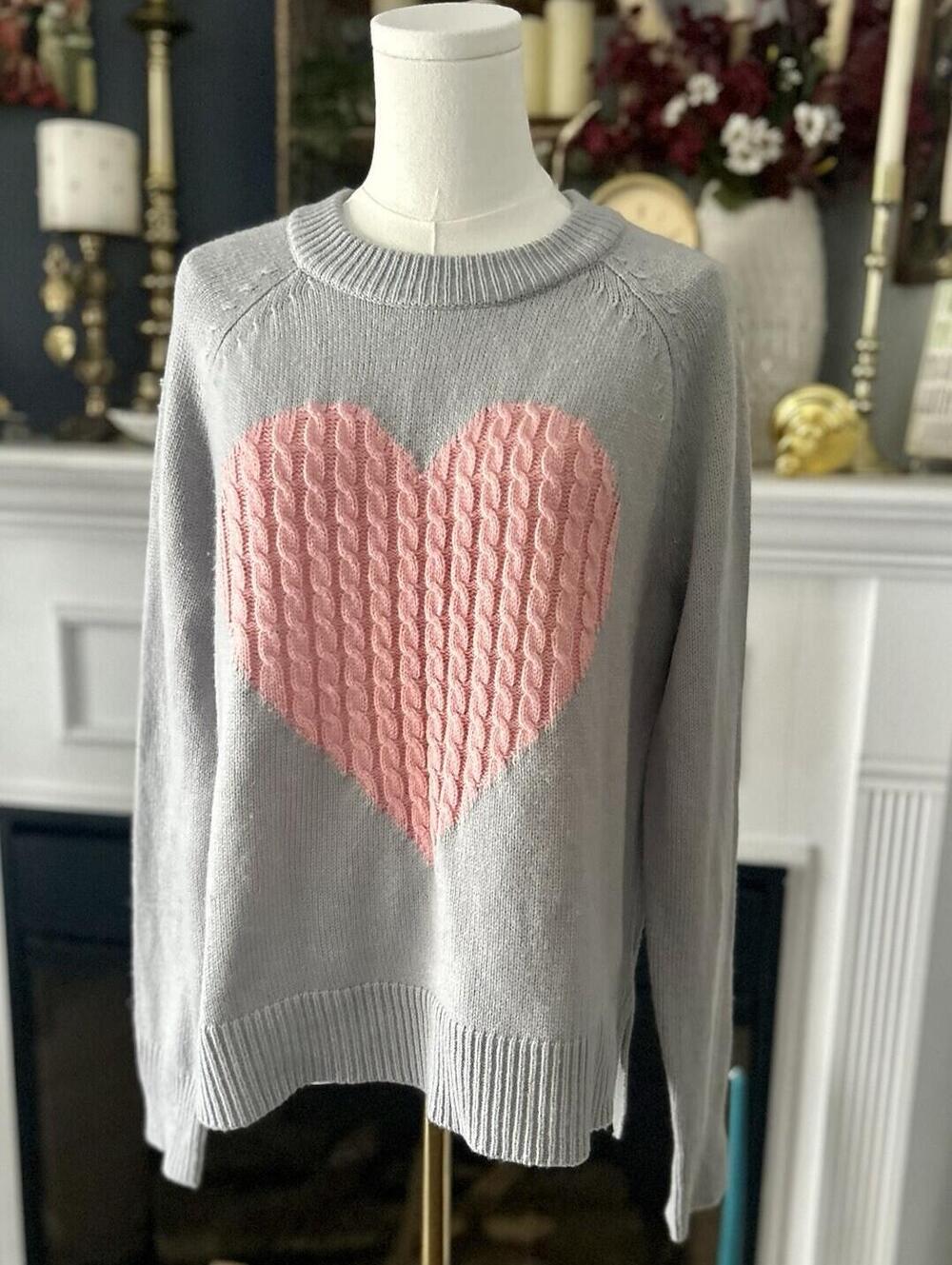 Kate & Sam Women’s  L Gray Pink Cable Knit Heart Crew Neck Long Sleeve Sweater